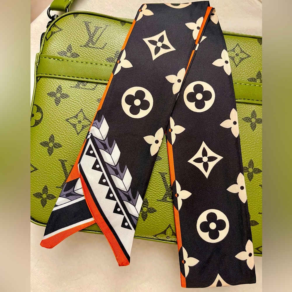 Orange and Black Monogram Patterned Twilly Bandeau Scarf Wrap 🩷